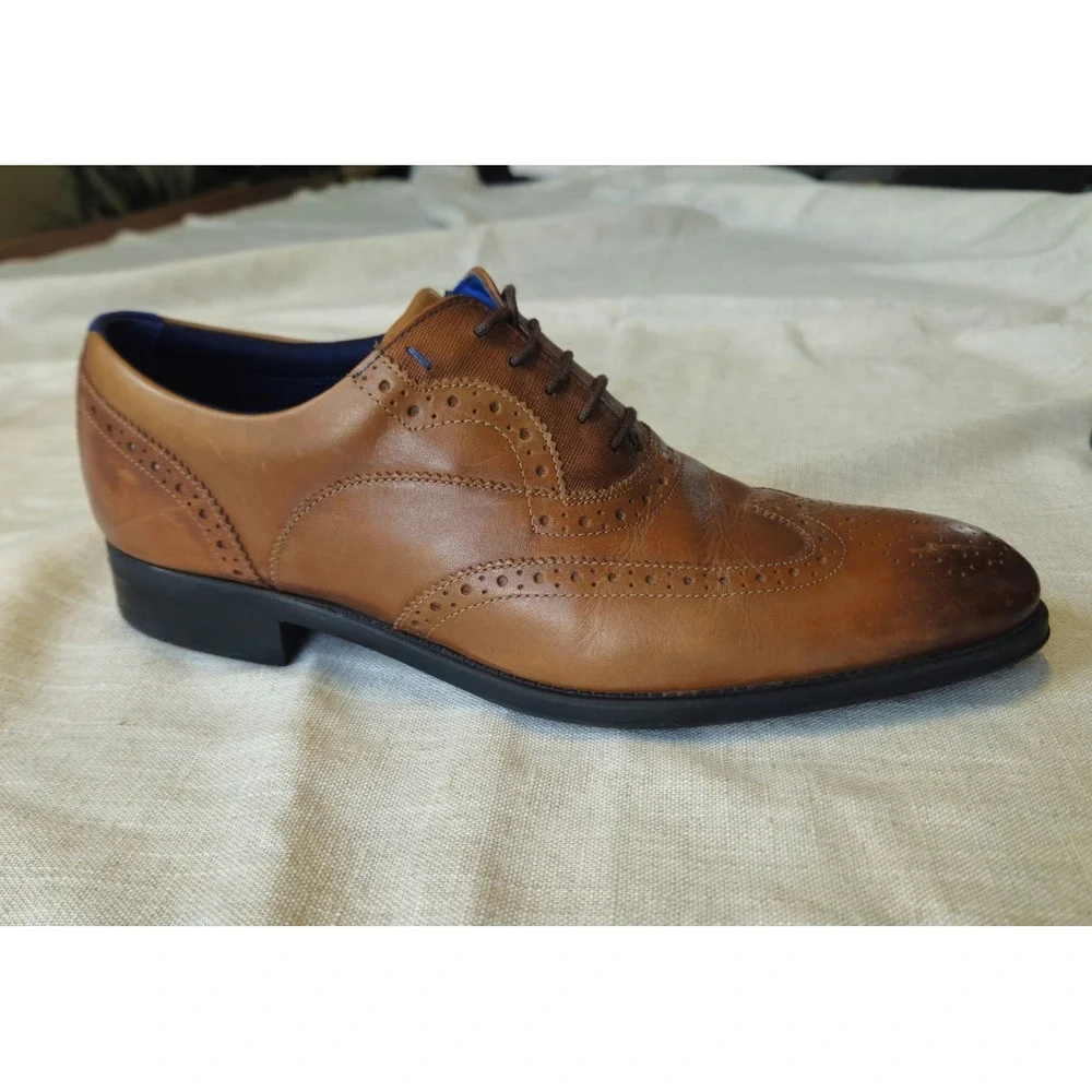 Ted Baker Mens Cognac Brown Leather Wingtip Brogue Oxford Shoes Size US 10 Luxe‎